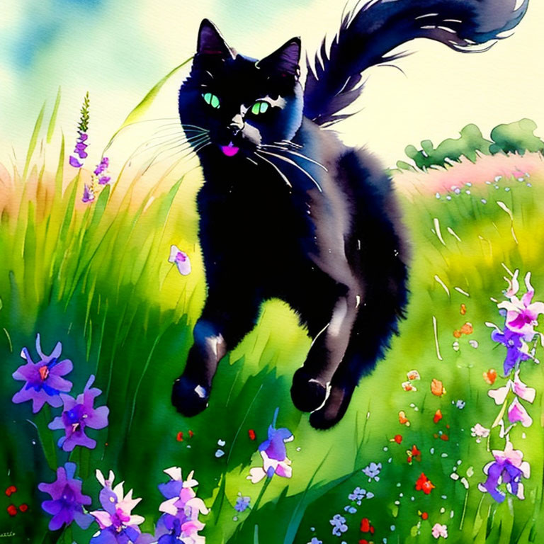 Colorful Watercolor Painting of Black Cat in Meadow