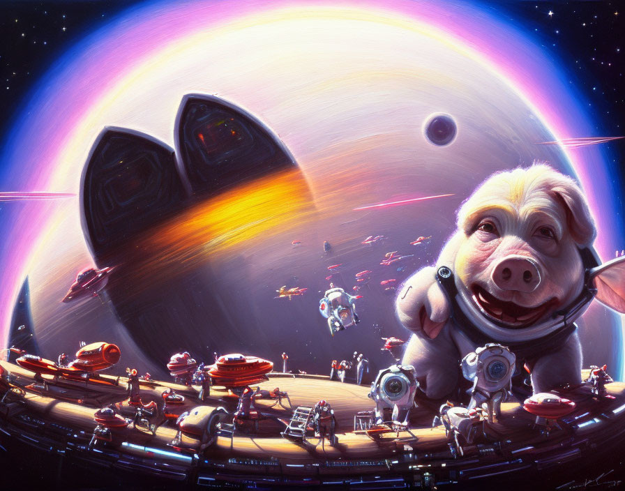 Whimsical space scene with pig in helmet, flying saucers, robots, and planet with