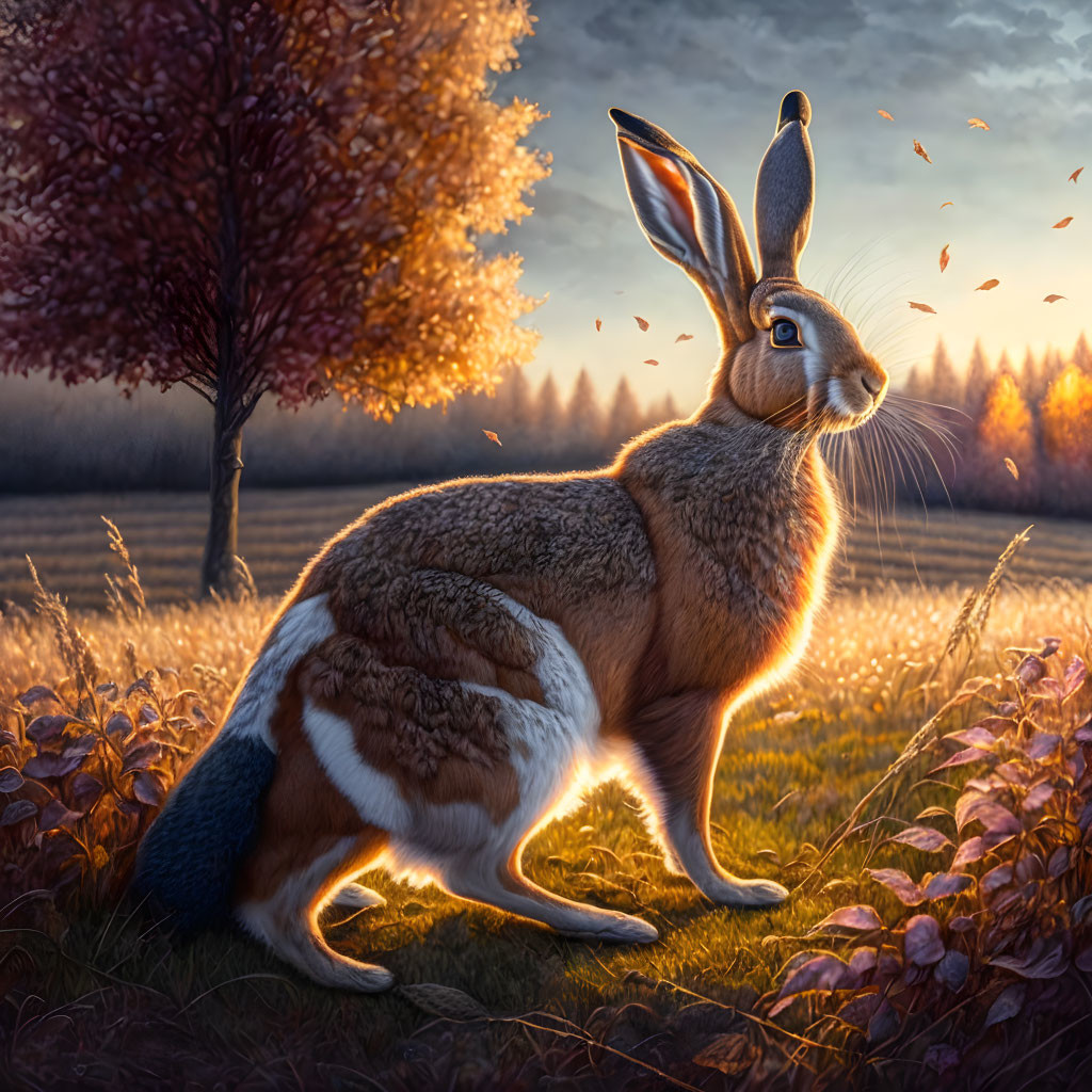 Detailed fur hare in golden-lit autumn landscape