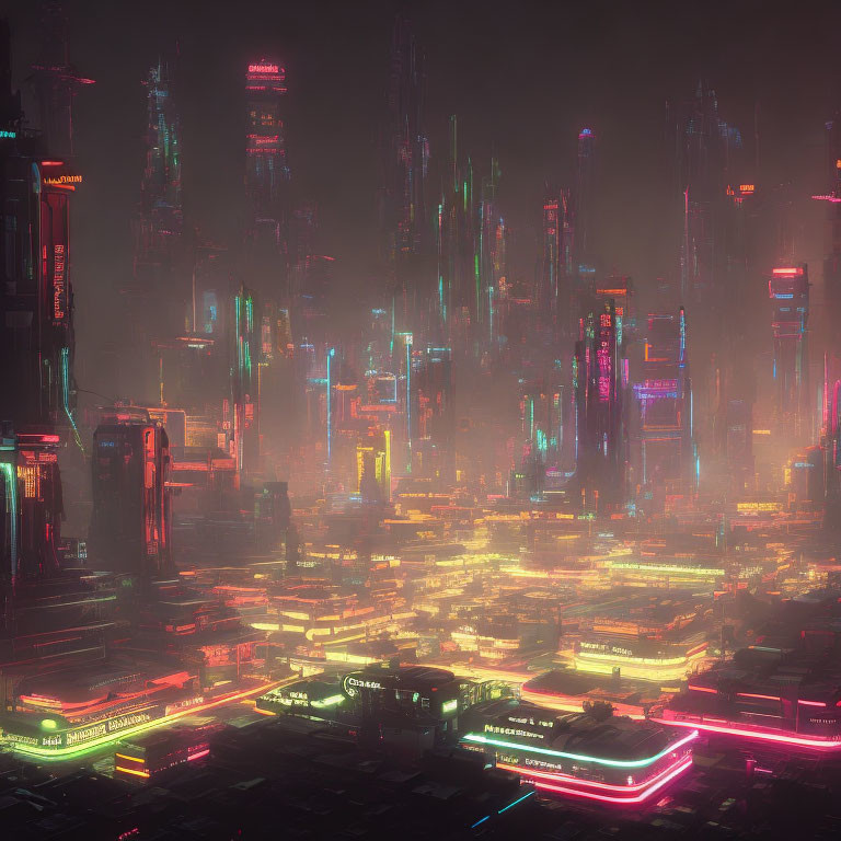 Futuristic night cityscape with neon-lit skyscrapers