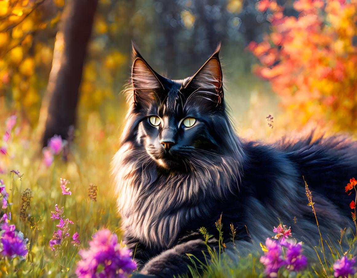 Majestic black cat lounging in vibrant autumnal flora