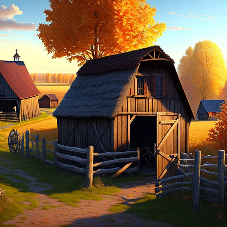 Thatched roof barn in golden autumn landscape