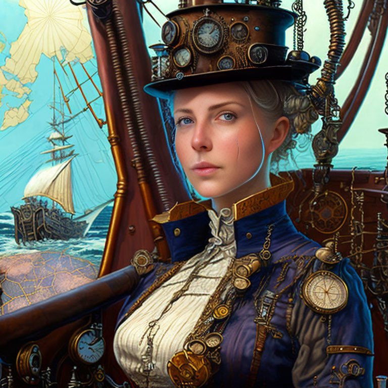 Steampunk-themed digital art of a woman with gear-adorned top hat in nautical setting