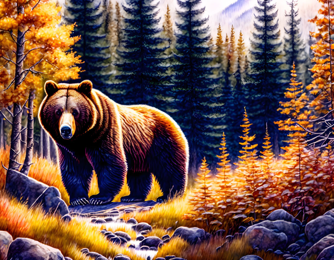 Brown bear in autumn forest with golden foliage and serene stream