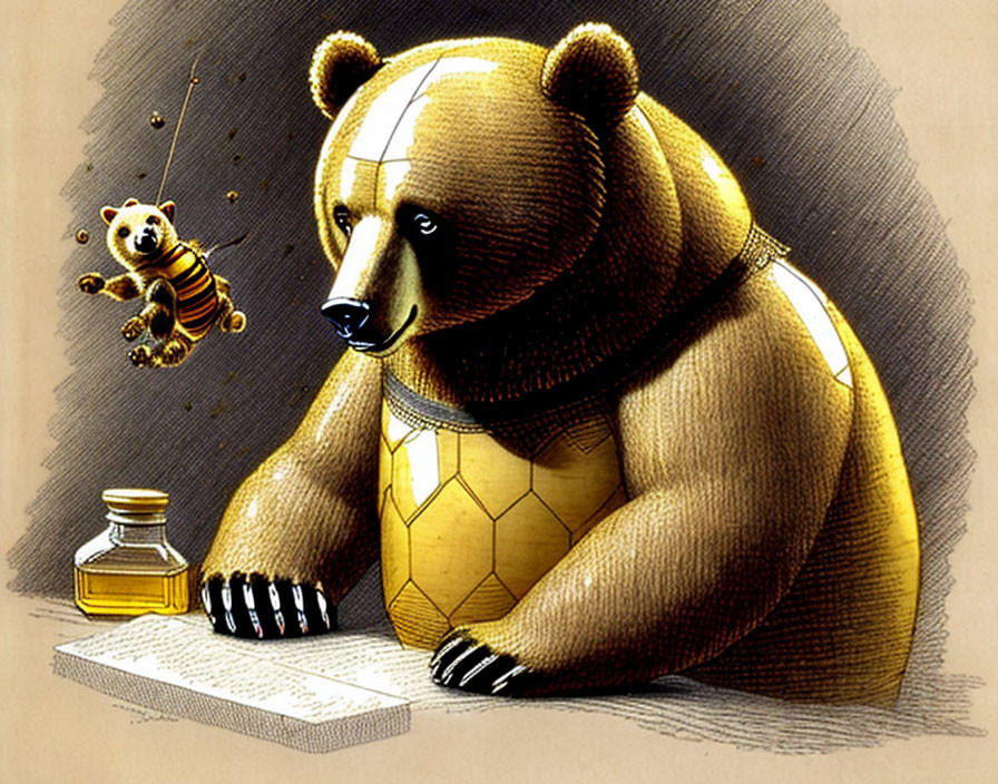 Illustrated bear with honeycomb texture, honey jar, and bee in scene