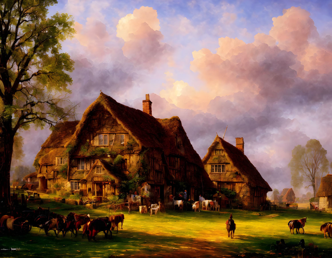 Rural scene with thatched cottage, grazing cattle, person walking under dramatic sky