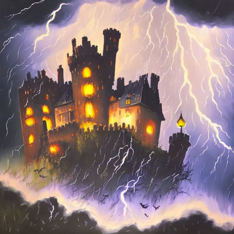 Ominous castle under stormy sky with lightning bolts