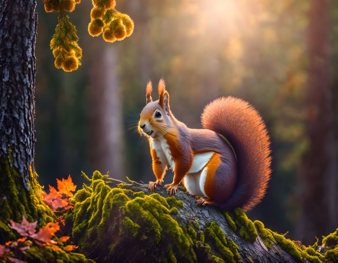 Red squirrel on mossy tree trunk in sunlit forest