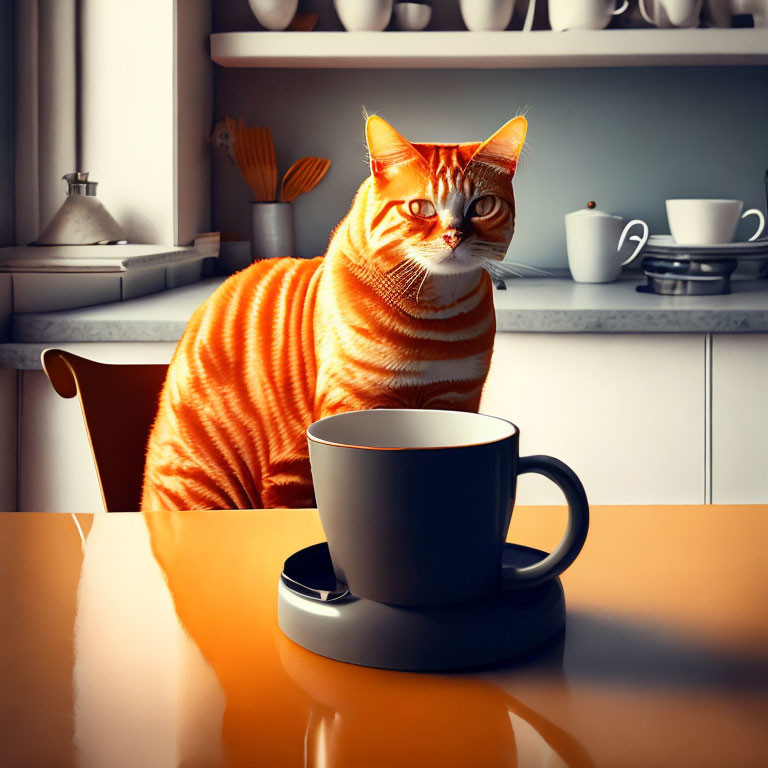 Striped orange cat on kitchen counter with coffee mug in cozy setting