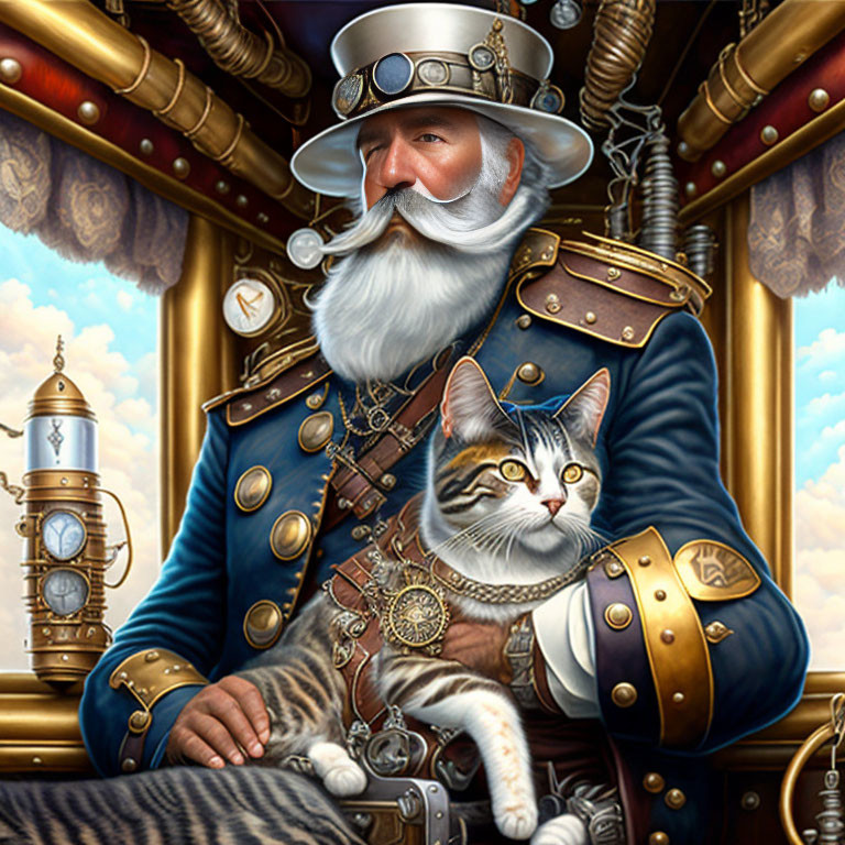 Steampunk captain with white beard and cat in lap illustration