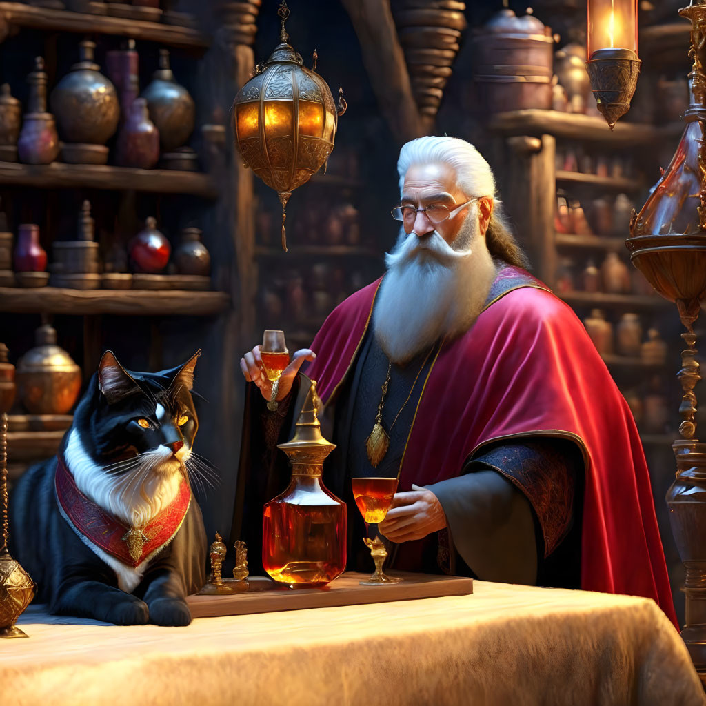 Elderly wizard with white beard and black cat in potion-filled room