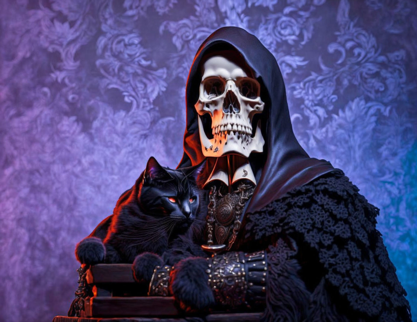 Person in Skull Mask Holding Black Cat on Purple Patterned Backdrop