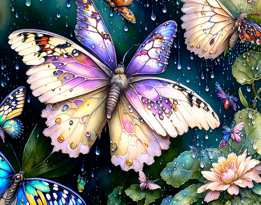 Colorful Butterflies with Intricate Wing Patterns in Rainy Greenery