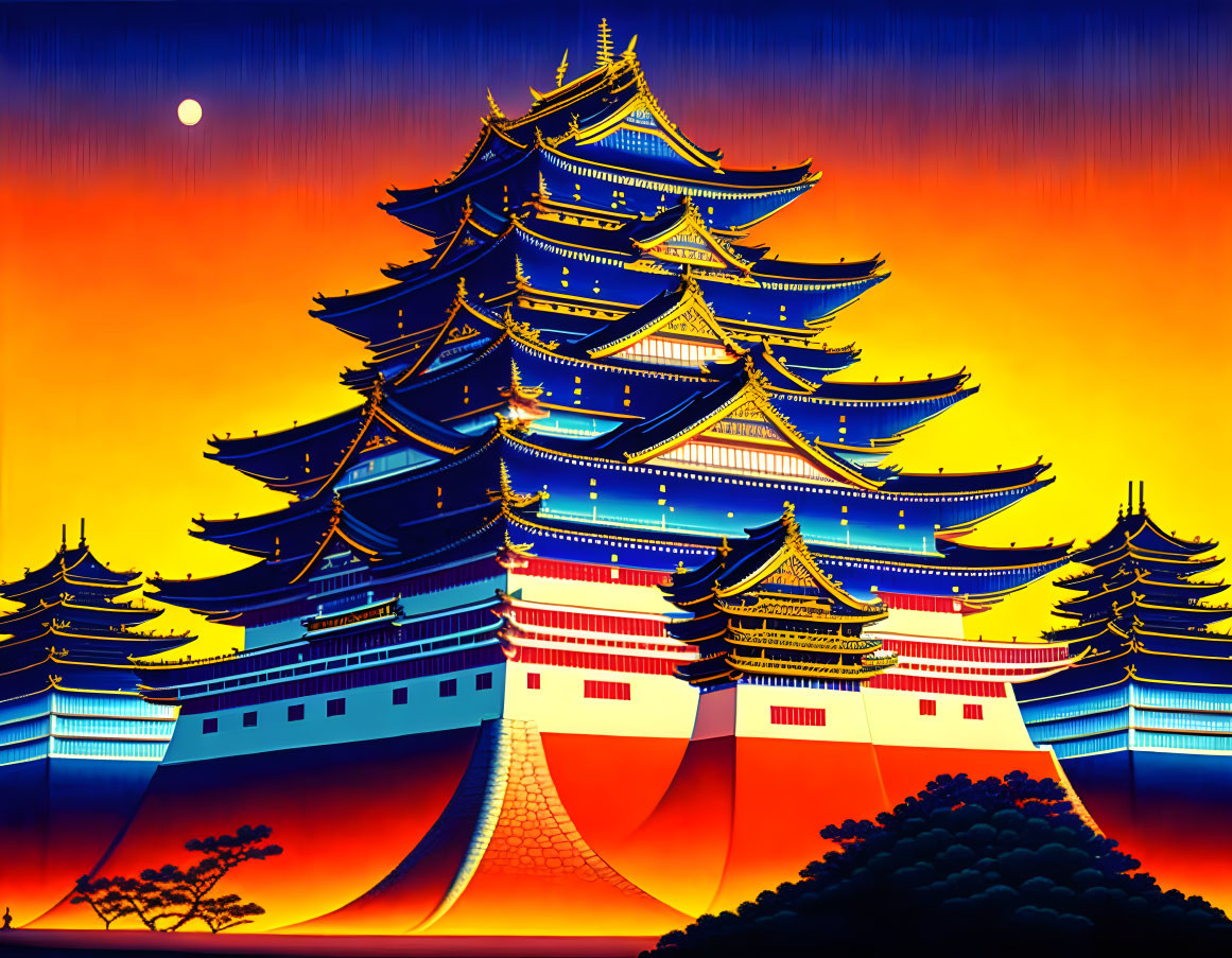 Japanese castle at dusk with vibrant sky and full moon.