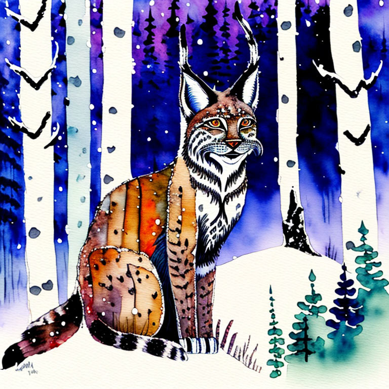 Colorful Lynx Illustration Among Birch Trees in Snowy Night Sky