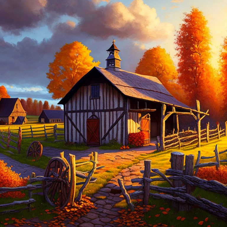 Rural scene with white and black barn, wooden fence, cart wheel, autumn trees