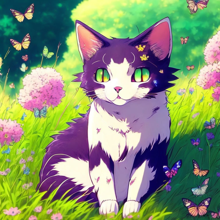 Colorful illustration of black and white cat in vibrant field.