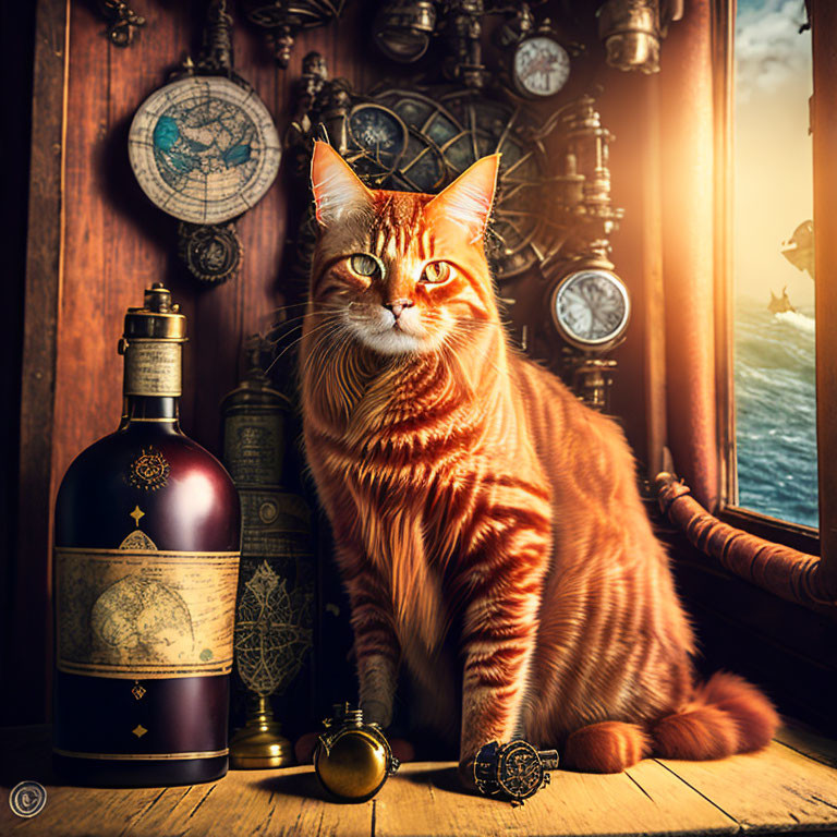 Orange Tabby Cat with Nautical Theme and Sunlit Porthole