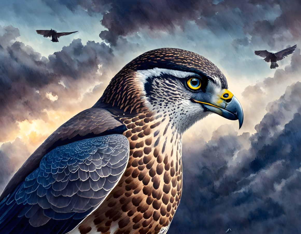 Detailed Peregrine Falcon Illustration Against Dramatic Sky