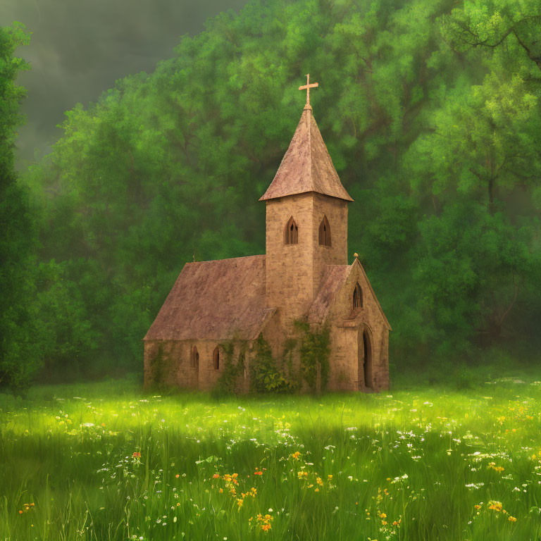 Old stone church with cross in lush forest setting.