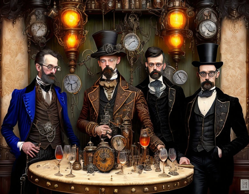 Four Men in Steampunk Attire with Vintage Props