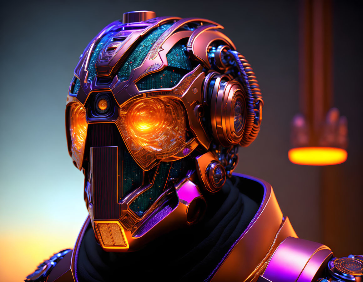 Detailed futuristic robot head with glowing orange eyes and intricate circuitry.