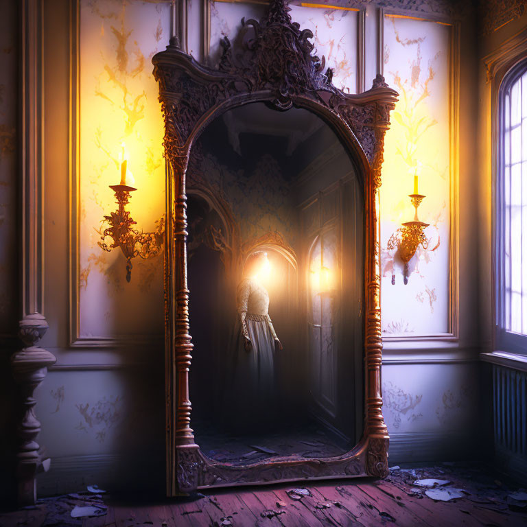 Intricate mirror reflects mysterious figure in dimly lit hallway