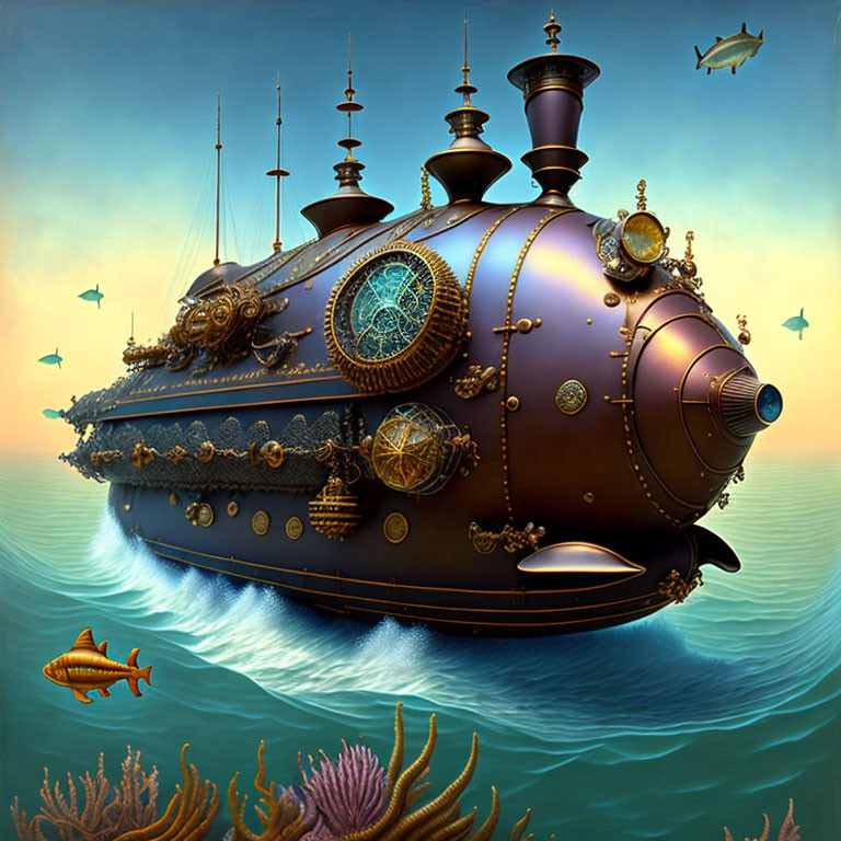 Steampunk submarine exploring vibrant ocean scenery