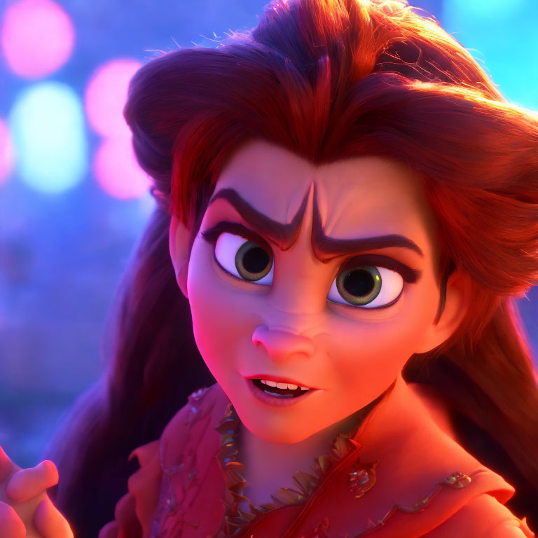 Detailed 3D animated female character with red hair and green eyes in close-up, showing concern or