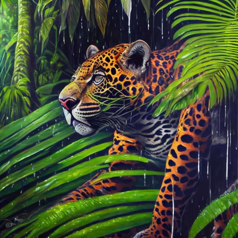 Jaguar in Rainforest: Vibrant Painting of Intense Gaze