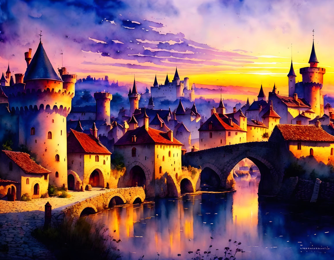 Medieval castle town painting with colorful sunset reflections