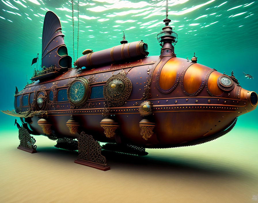 Steampunk submarine with ornate brass accents in greenish underwater scene