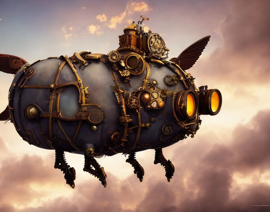 Fantasy steampunk airship with gears and metallic elements in cloudy sunset sky