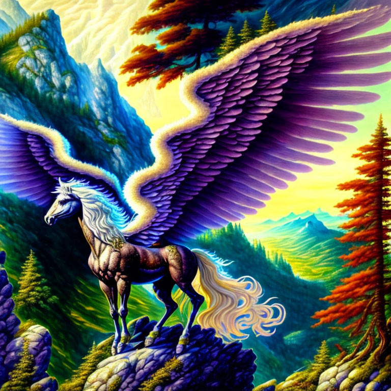 Colorful winged horse artwork on cliff with purple wings & mountain backdrop