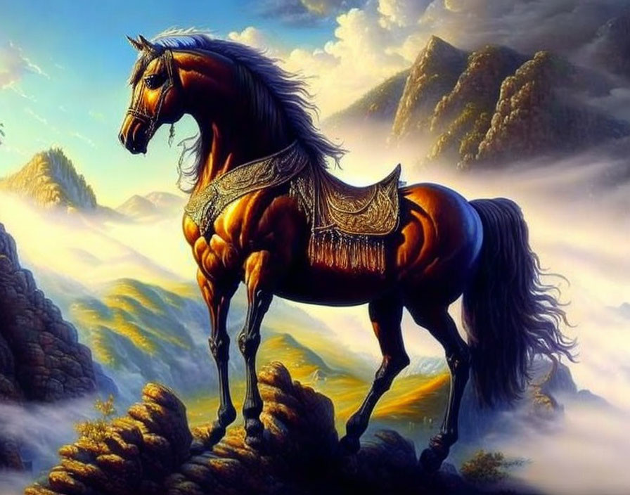 Brown horse with saddle on rocky outcrop overlooking misty mountains