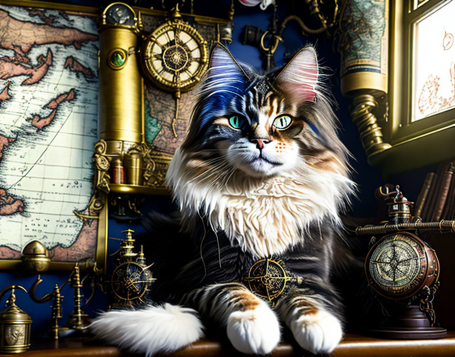 Long-Haired Cat Surrounded by Nautical Decor