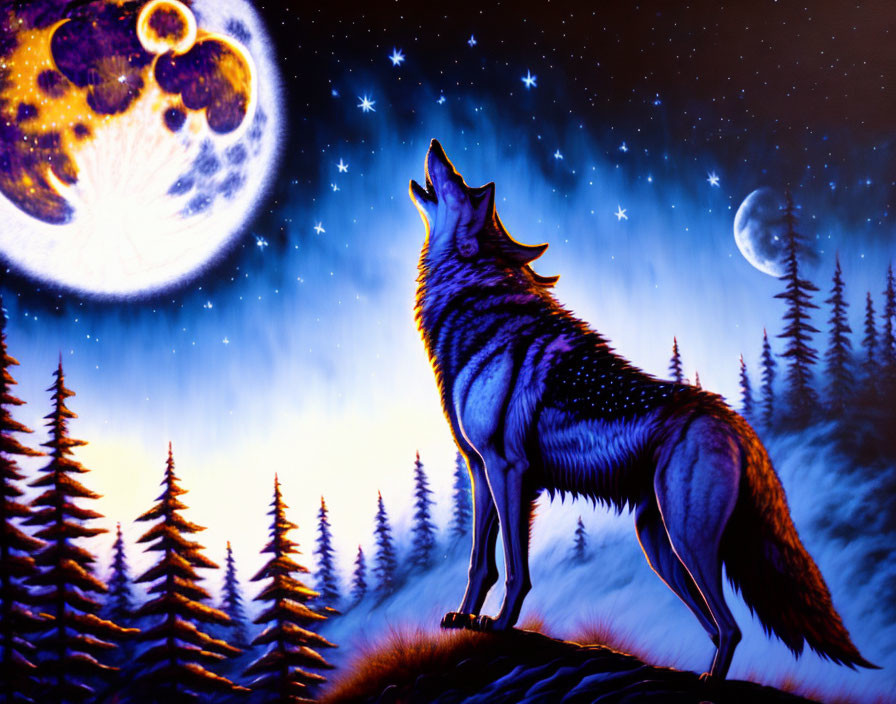 Wolf howling on hill under vibrant night sky with moon, stars, and planet among pine trees