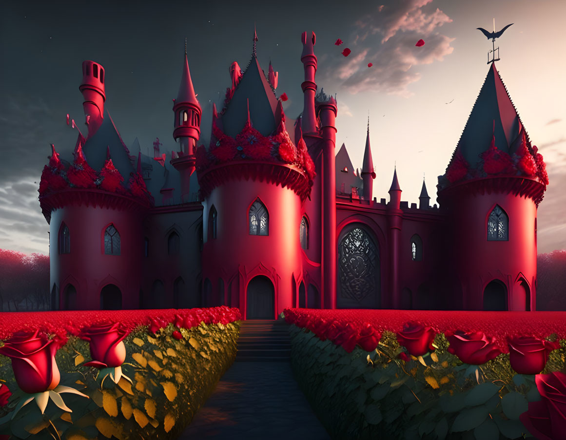 Crimson castle with spires, red roses, dusk sky, and soaring bird