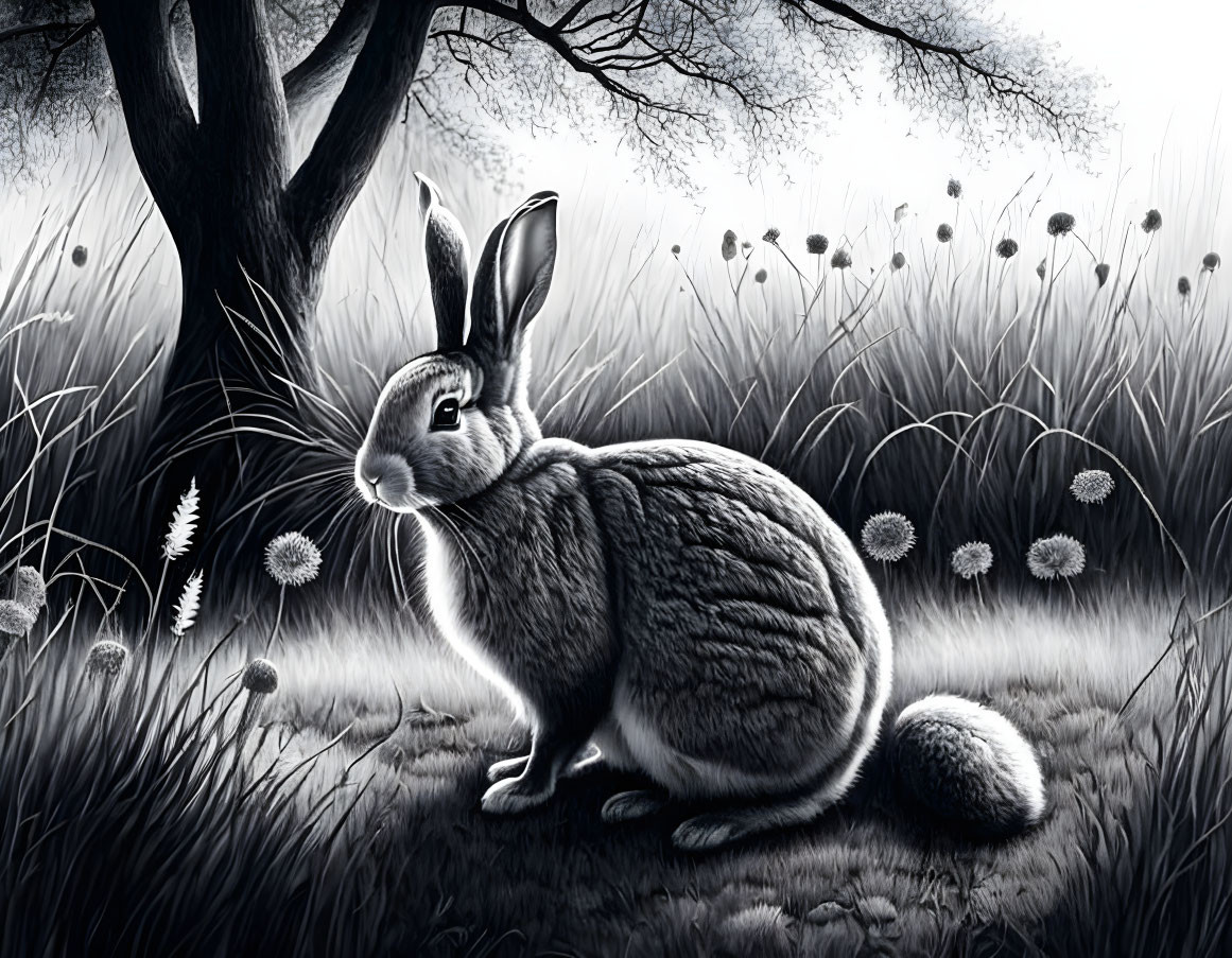 Monochrome rabbit in serene grassy setting with dandelions and tree