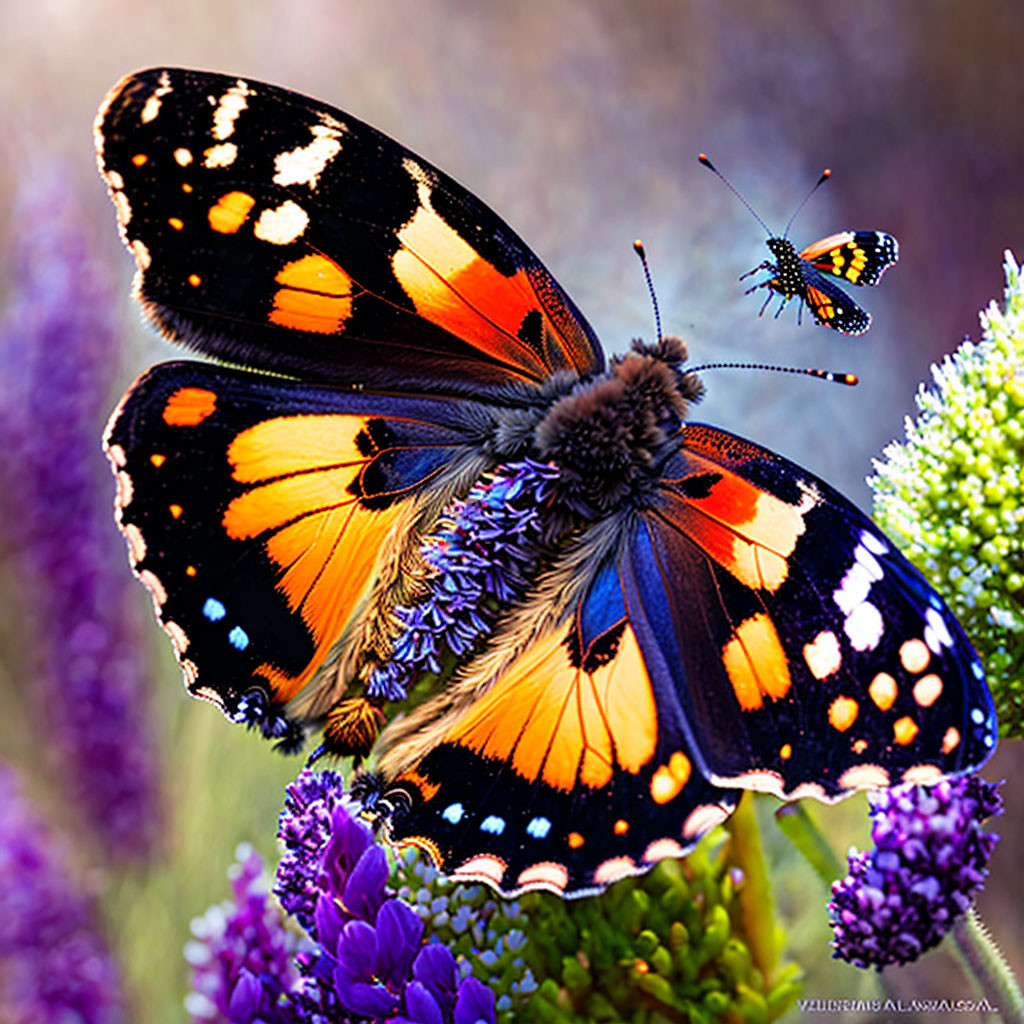 Colorful Butterfly on Purple Flowers with Another Butterfly in Background