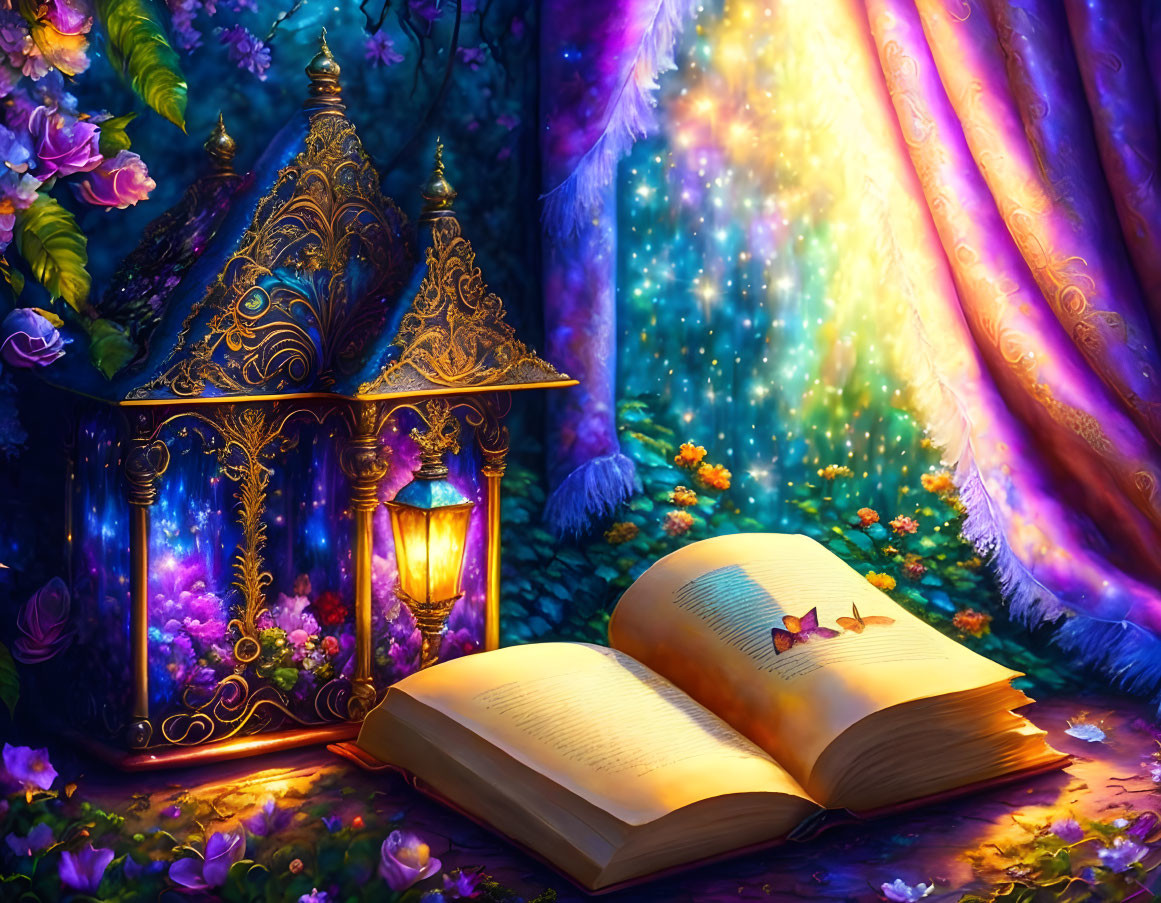 Open book with butterfly, lamp, lantern in mystical forest with glowing flowers.