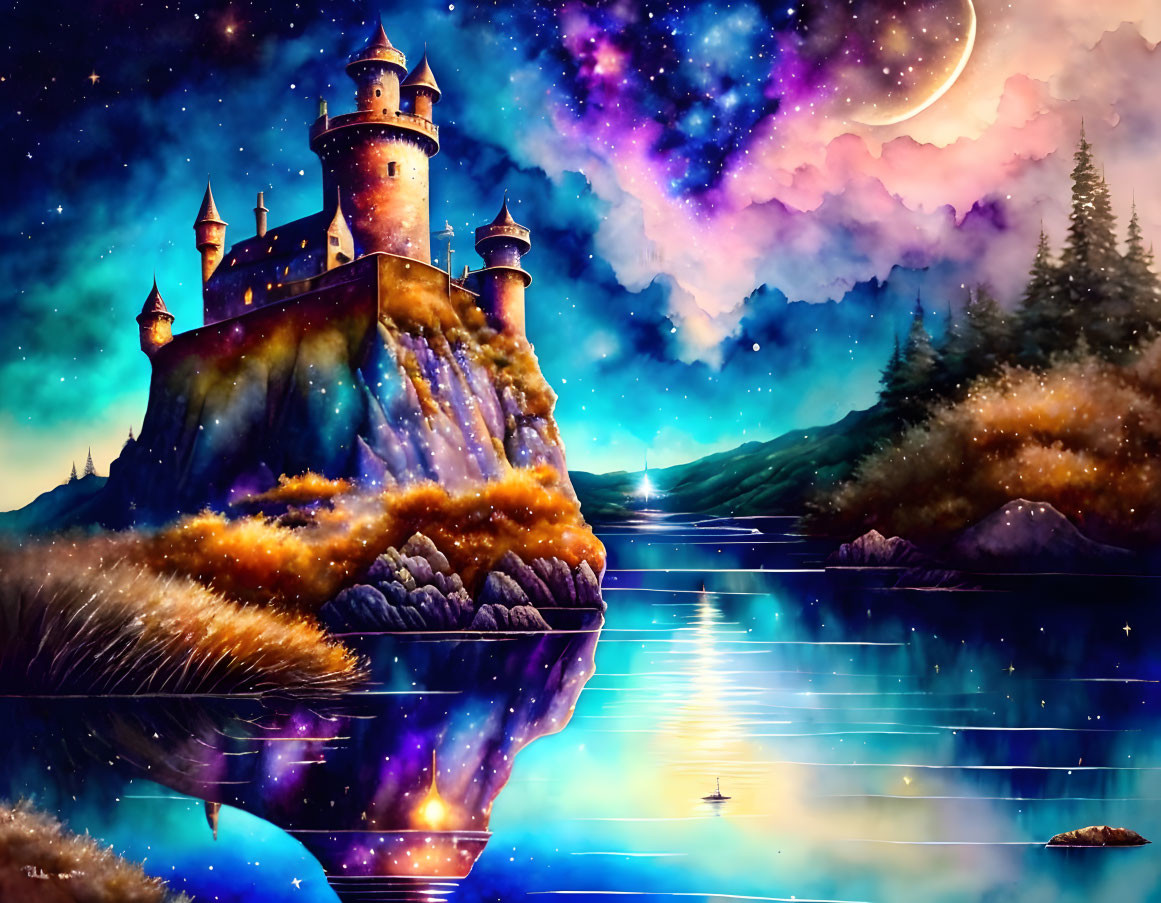 Castle on Cliff with Starry Skies and Moonlit Lake