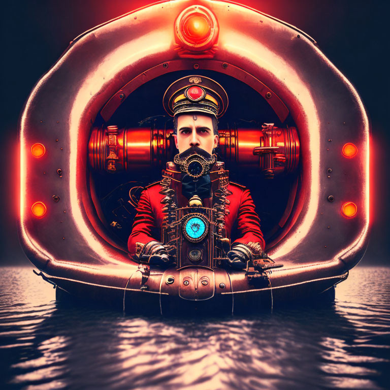 Steampunk-themed person piloting glowing submarine from dark waters