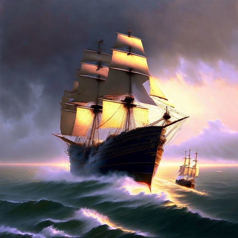 Tall ship sailing at sunset through stormy seas