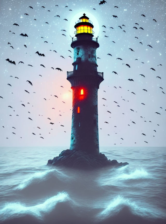 Lone lighthouse in turbulent seas at twilight with birds soaring above