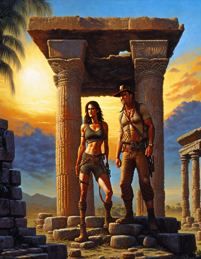 Man and woman adventurers in ruins with ancient doorway and columns at sunset