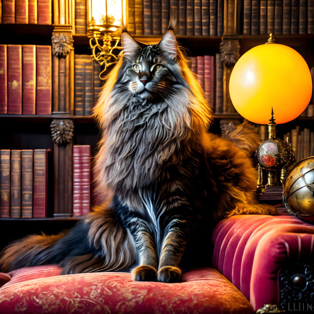 Long-Haired Cat on Red Velvet Cushion with Vintage Bookshelf and Golden Light Fixtures