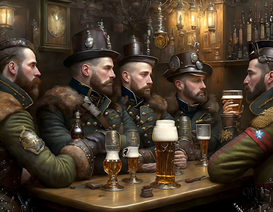 Five men in steampunk attire with top hats and goggles having a discussion in a bar