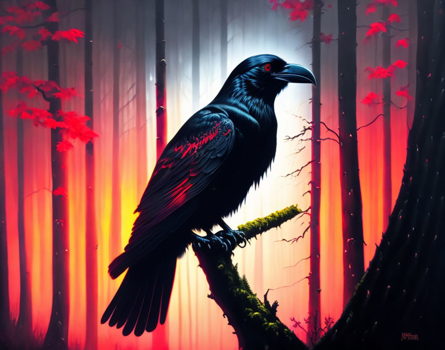 Raven on branch in mystical forest with red foliage