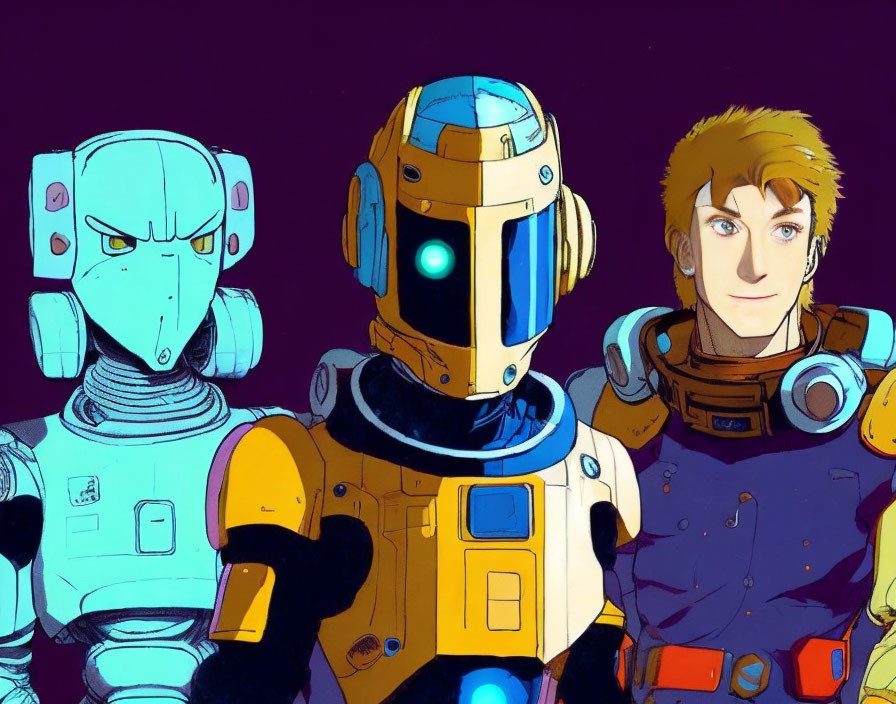 Animated characters: two robots, a man in a space suit, purple background